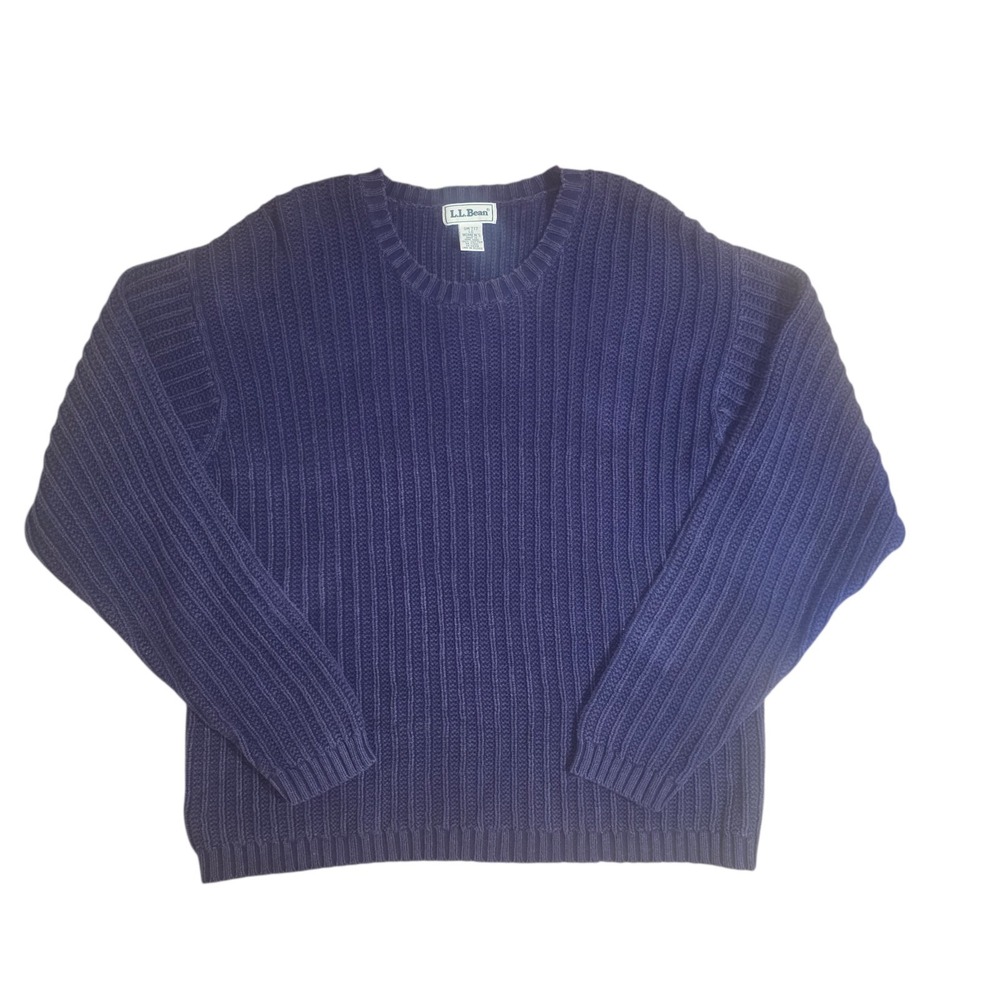 LL Bean Signature Fisherman Sweater Womens L Blue Cotton Ribbed Chunky Knit